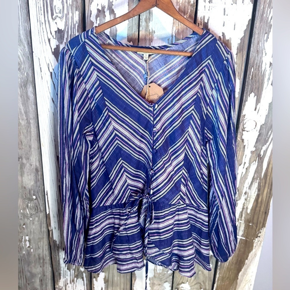 KORI Striped Button Up Peplum Blouse NWT Purple - Picture 2 of 10